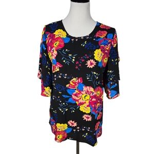 Violet & Claire Large Black Floral Blouse Flared Split Short Sleeves